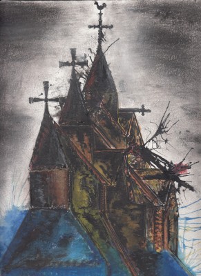 Dessin d'une stavkirke par Hector Boudot.